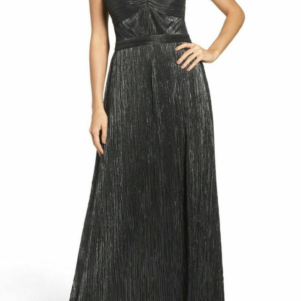 Laundry by Shelli Segal Black Metallic Sweetheart Slinky Evening Gown Dress 2
